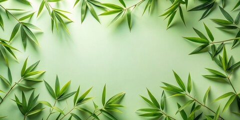 Fototapeta premium A frame of vibrant green bamboo leaves on a soft mint background, showcasing the beauty of nature's artistry.
