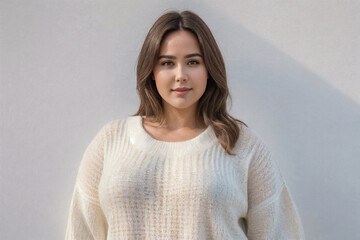 Fototapeta premium Curvy Woman in a white sweater on a white background