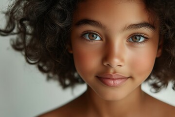 Naklejka premium Close up portrait of a stunning mixed race woman with curly dark hair flashing a captivating smile
