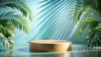 Fototapeta premium A wooden platform sits in a tropical scene, surrounded by lush greenery and bathed in soft sunlight.