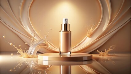 A Golden Liquid Foundation Bottle Presented on a Circular Pedestal with Splashes of the Product Surrounding It