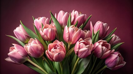 Fototapeta premium A bouquet of pink tulips arranged against a deep red background, showcasing the delicate beauty and vibrant hues of these spring flowers.