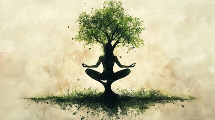 Artistic depiction of a person in tree pose, with nature elements around, symbolizing balance and grounding 