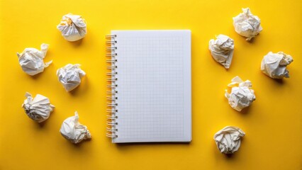 A blank notebook surrounded by crumpled paper balls on a vibrant yellow background, symbolizing the creative process of brainstorming and generating ideas.