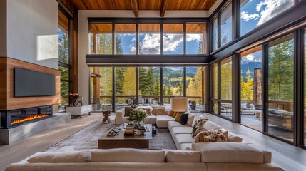 Expansive Modern Living Room with Floor to Ceiling Windows and Mountain View