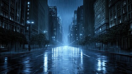 Rainy city street, night, empty, skyscrapers, reflection, dark, urban, cinematic, background, poster