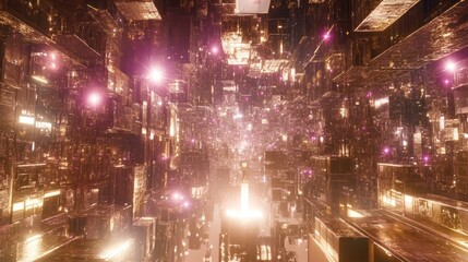 Glittering gold city corridor, futuristic lights, digital background, sci-fi concept art