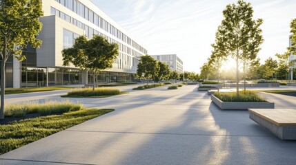 Sunlit modern campus pathway, trees, buildings, sunrise, corporate brochure