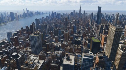 Fototapeta premium Aerial Manhattan cityscape, river view, sunny day, urban sprawl, background buildings