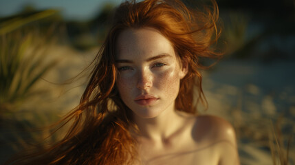 Fototapeta premium A captivating close-up portrait of a young red-haired woman with natural freckles, softly illuminated by warm golden hour sunlight. Her flowing hair and serene expression create a striking and natural