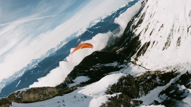 Un homme en parapente dans les montagnes enneig&eacute;es des alpes en suisse pendant l'hiver suivi par un drone FPV