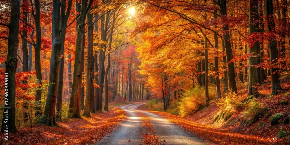 Poster a winding path through a forest of golden and red leaves, bathed in warm sunlight, creating a breath