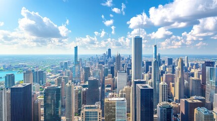 Obraz premium Aerial Chicago cityscape sunny day, skyscrapers, lake, clouds, urban development, travel