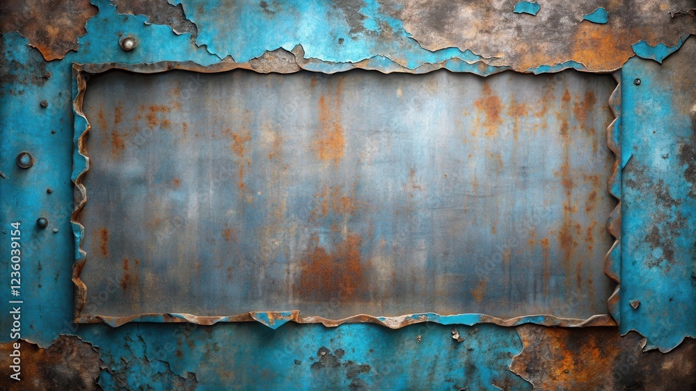 Aufkleber a weathered blue metal panel with a rusted rectangular insert surrounded by peeling paint and rivets