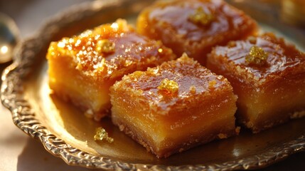 Golden Honey Cake, Dessert, Closeup, Plate, Sunlight