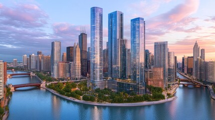Fototapeta premium Cityscape sunset aerial view, Chicago river, skyscrapers, bridges, urban development, real estate