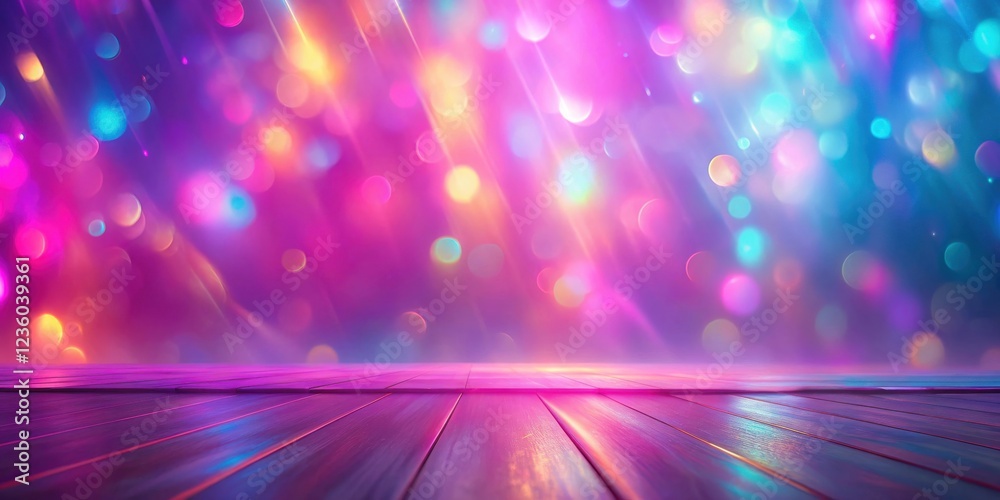 Poster a wooden platform illuminated by a colorful, abstract background of blurred lights and streaks of br