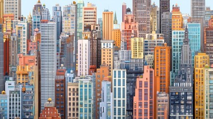 Colorful city skyline panorama, urban buildings, dense metropolis, background illustration, website banner