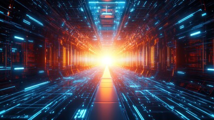 Obraz premium Futuristic digital corridor glowing brightly, data streams flow, vibrant background, tech concept