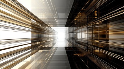 Obraz premium Golden glass corridor, futuristic city, bright light, architectural design, website banner