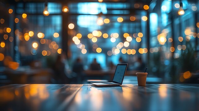 Laptop and coffee cup on table in cafe at night