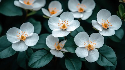 Obraz premium White flowers bloom, garden, dark leaves, spring, nature background, website banner
