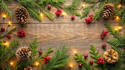 Rustic Christmas Decor Festive Pine Cones, Holly Berries, Evergreen Branches, and Twinkling Lights on a Wooden Background
