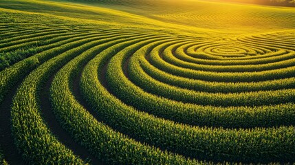 Aerial View of a Spiral Crop Field at Sunset