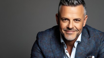 Obraz premium Confident man studio portrait, smiling, grey background, headshot, marketing
