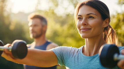 Outdoor workout session with weights during sunny day in the park promoting fitness and wellness
