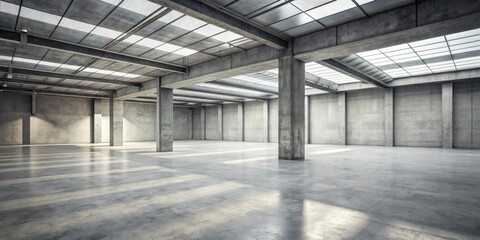 A spacious, empty industrial warehouse with concrete floors, walls, and a skylight ceiling featuring a grid of windows
