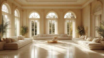 A luxurious and elegant living room featuring large arched windows and comfortable sofas