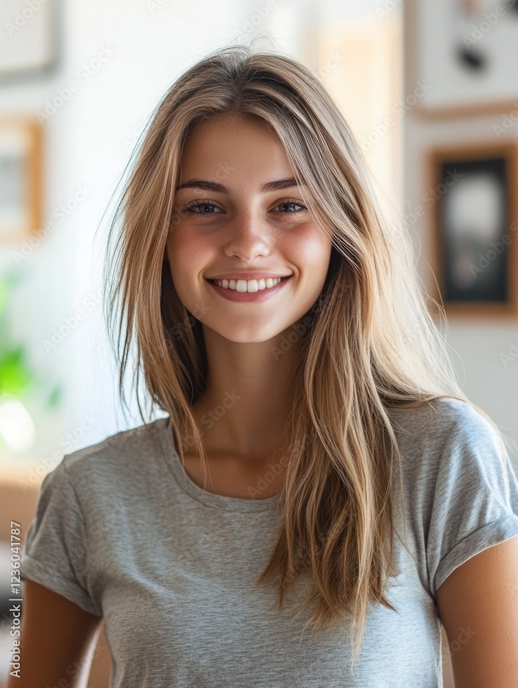 Poster Smiling Woman Standing Against Wall