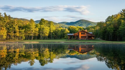 Fototapeta premium A serene lakeside view of a wooden lodge surrounded by mountains and trees.