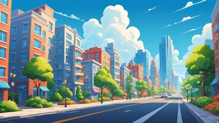 Fototapeta premium Colorful cartoon cityscape, urban street view, residential buildings, skyscrapers in background