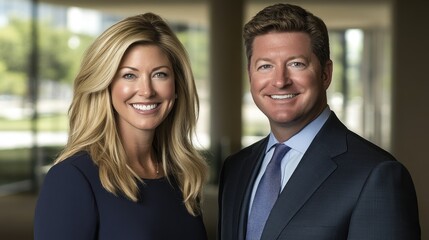 Smiling business partners portrait, modern office, cityscape background, website headshot