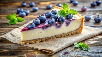 A slice of cheesecake topped with blueberries and a sprig of mint, resting on a rustic brown napkin