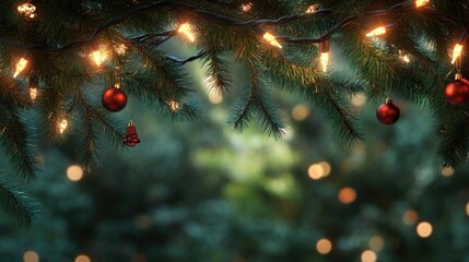 Seamless Decorative Christmas Border with Coniferous Branches: Seamless decorative Christmas border with coniferous branches and garlands of Christmas lights on transparent background.