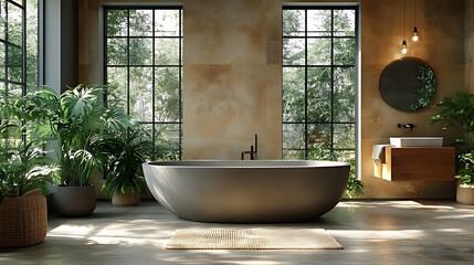 Fototapeta premium Modern bathtub, plants, loft bathroom, sunlight, interior design