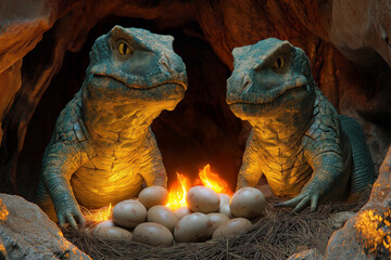 Guardians of the Prehistoric Nest: Two Reptilian Figures Warm Eggs by Firelight