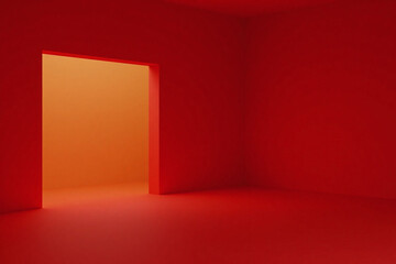 Empty room with deep red color scheme and warm golden light from window