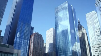 Obraz premium Skyscrapers, city, daytime, reflection, construction, urban, financial district, blue sky, growth, advertising