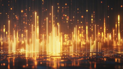 Golden digital city skyline, futuristic tech background, data visualization, website banner
