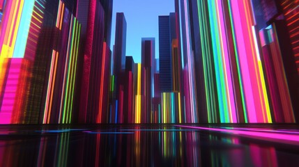 Obraz premium Neon city skyline, vibrant skyscrapers, reflective floor, digital art, background design