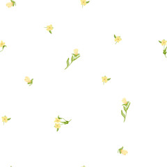 Cute yellow flowers and green leaves on seamless pattern. Watercolor digital illustration. Meadow flowers and delicate leaves isolated on white background. For invitations, cards and baby linen