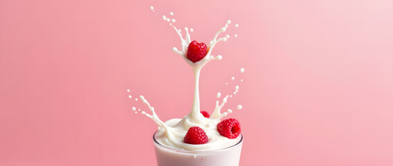 Creative food template: Fruit cherry - berry smoothie with raspberry and milk, with liquid drops and splashes on pink background.