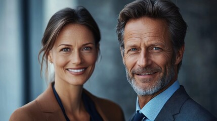 Fototapeta premium Smiling business partners portrait, modern office background, corporate success