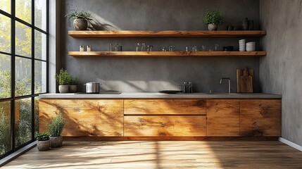 Sunlit Modern Kitchen with Rustic Wood Cabinets and Minimalist Decor, Featuring Shelves and a Large Window