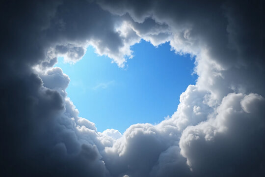 dramatic cloud filled sky with heart shaped opening of blue sky
