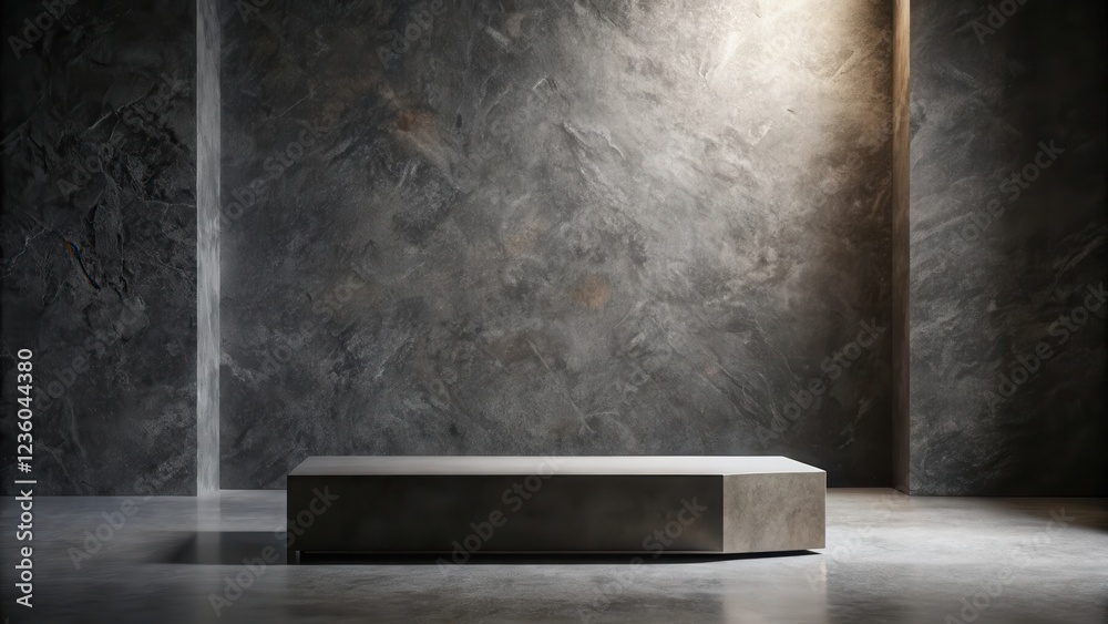 Poster a minimalist concrete platform in a dark stone room with a single light source